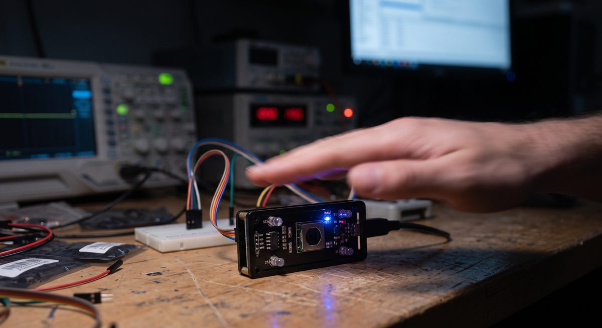 Engineer testing a compact sensor module on an electronics bench