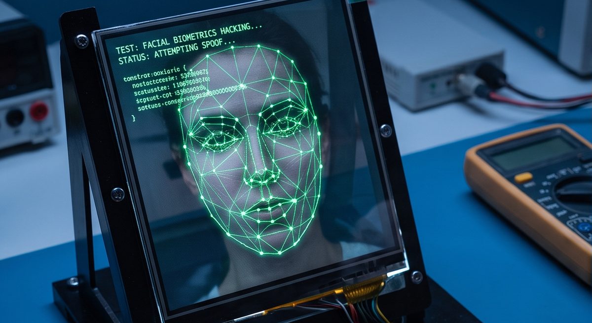 Facial-recognition test rig analyzing a synthetic face mesh on a lab display